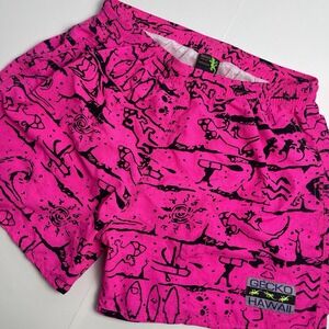 Gecko Hawaii Mens Medium AOP Swim Trunks Shorts Lined Pink Vintage 90's Lizard